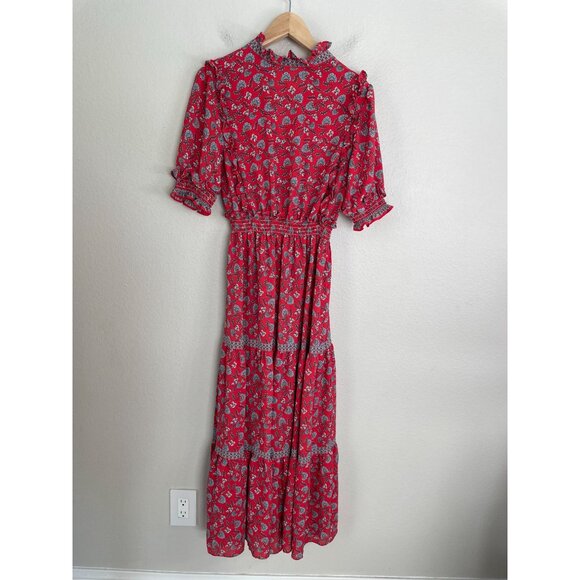 Max Studio Womens Medium Red Floral Maxi Tiered Dress Ruffle Trim Short Sleeve - Picture 8 of 9